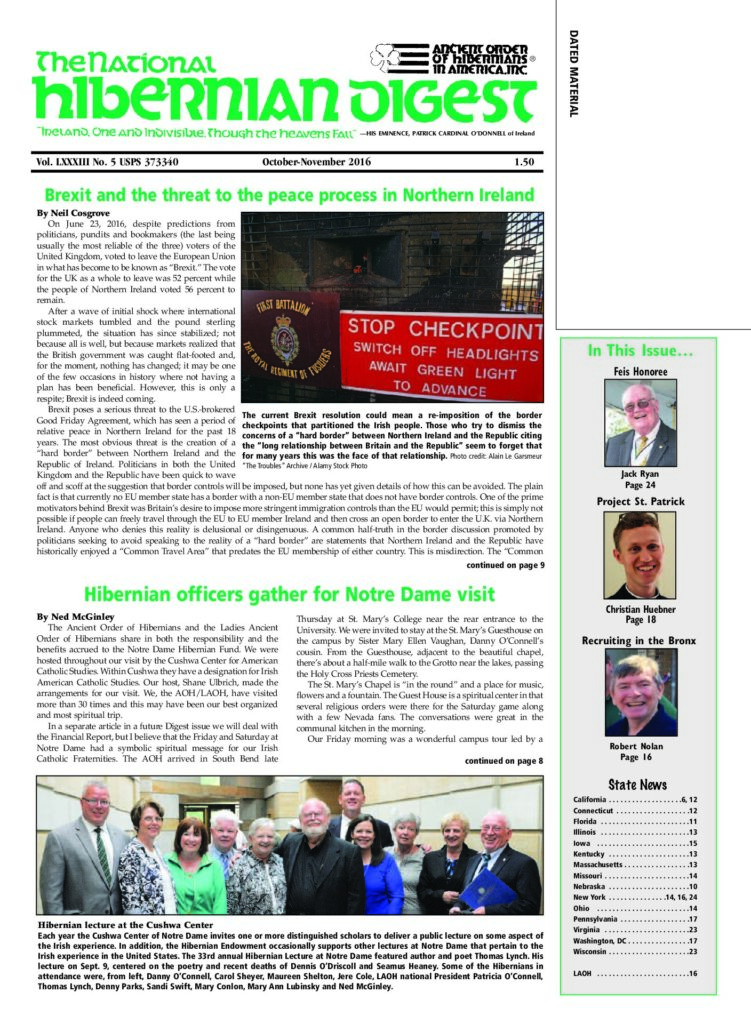 First page of National Hibernian Digest — Oct-Nov 2016