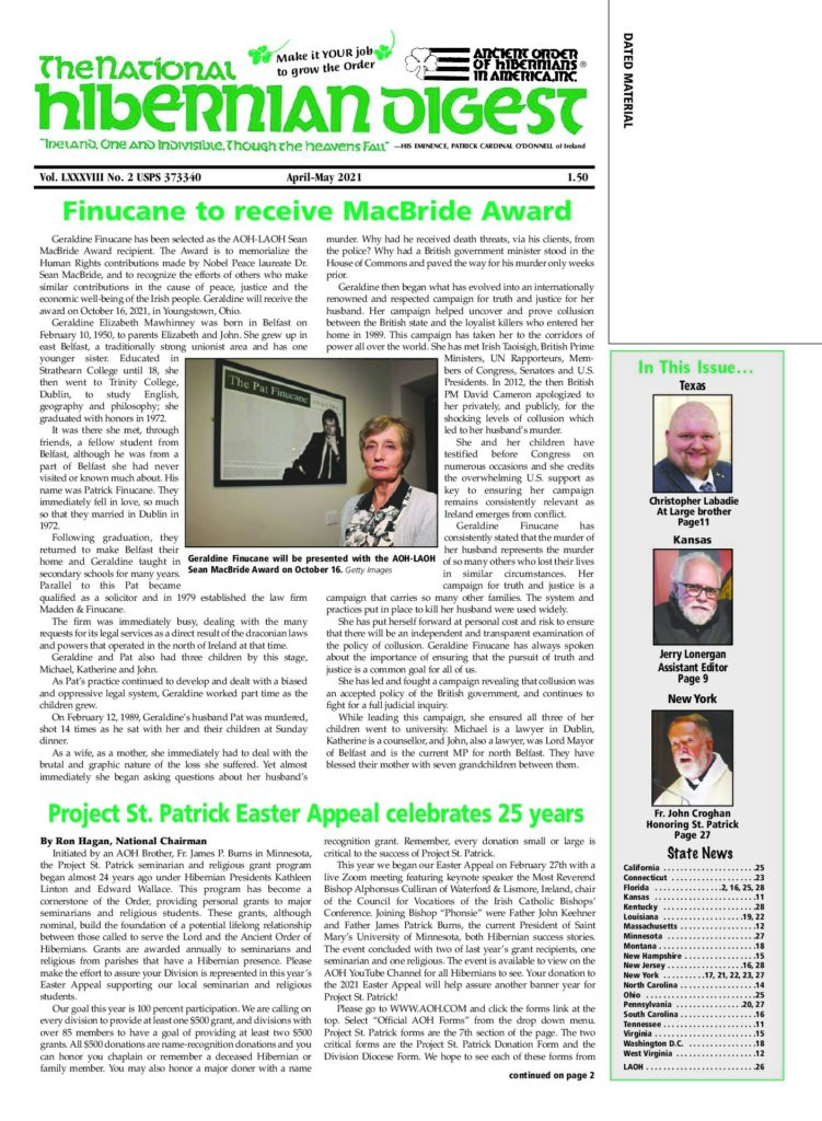 First page of National Hibernian Digest — Apr-May 2021
