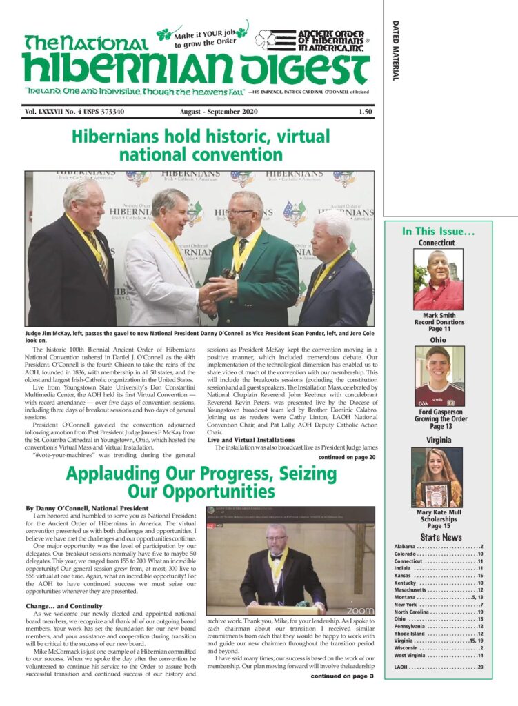 First page of National Hibernian Digest — Aug-Sept 2020