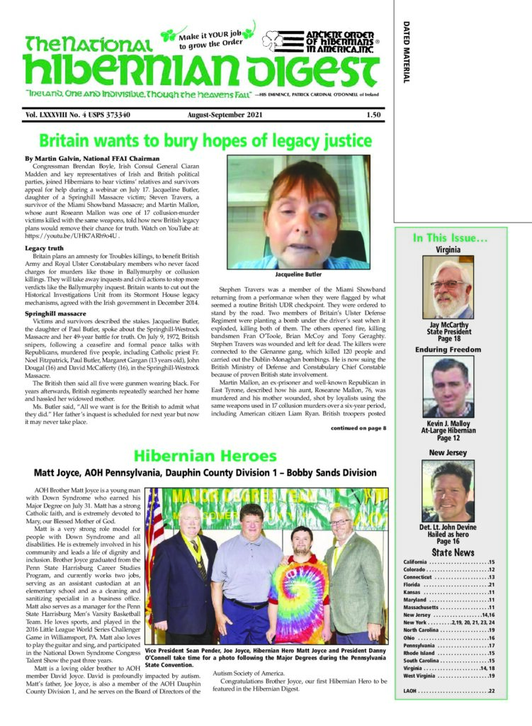 First page of National Hibernian Digest — Aug-Sept 2021