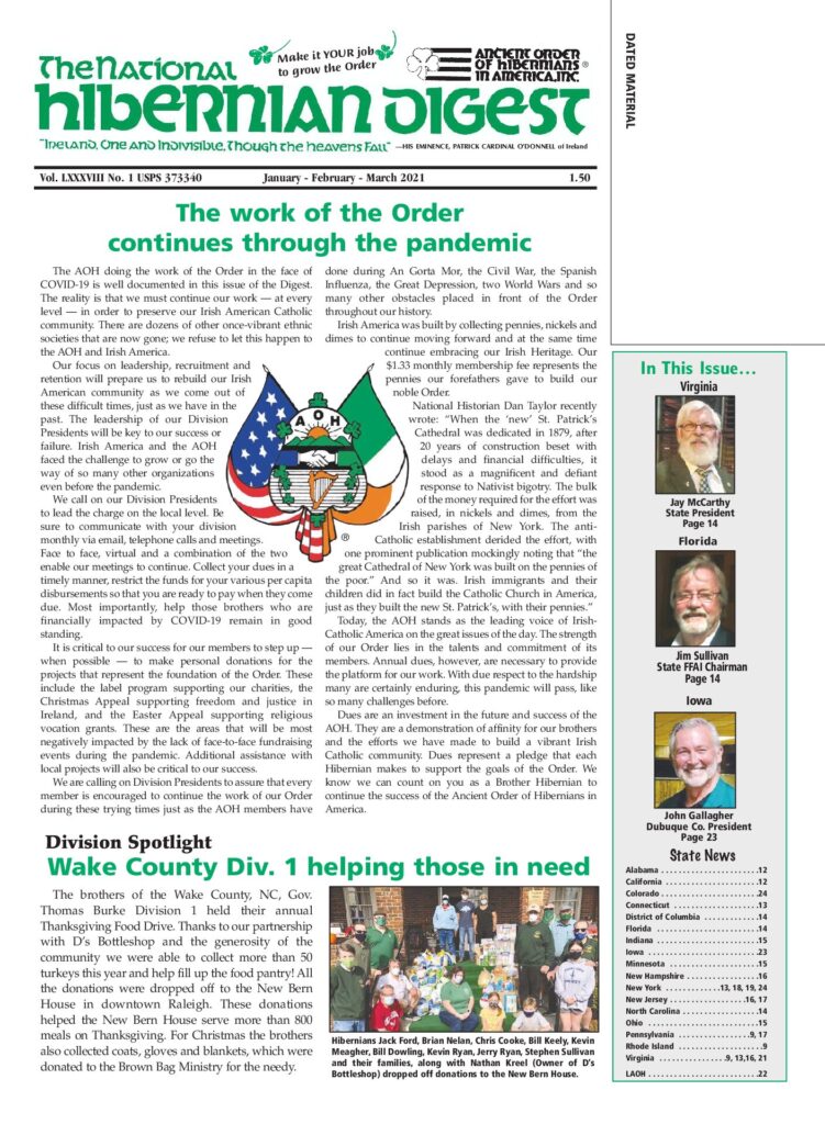 First page of National Hibernian Digest — Jan-Feb-Mar 2021