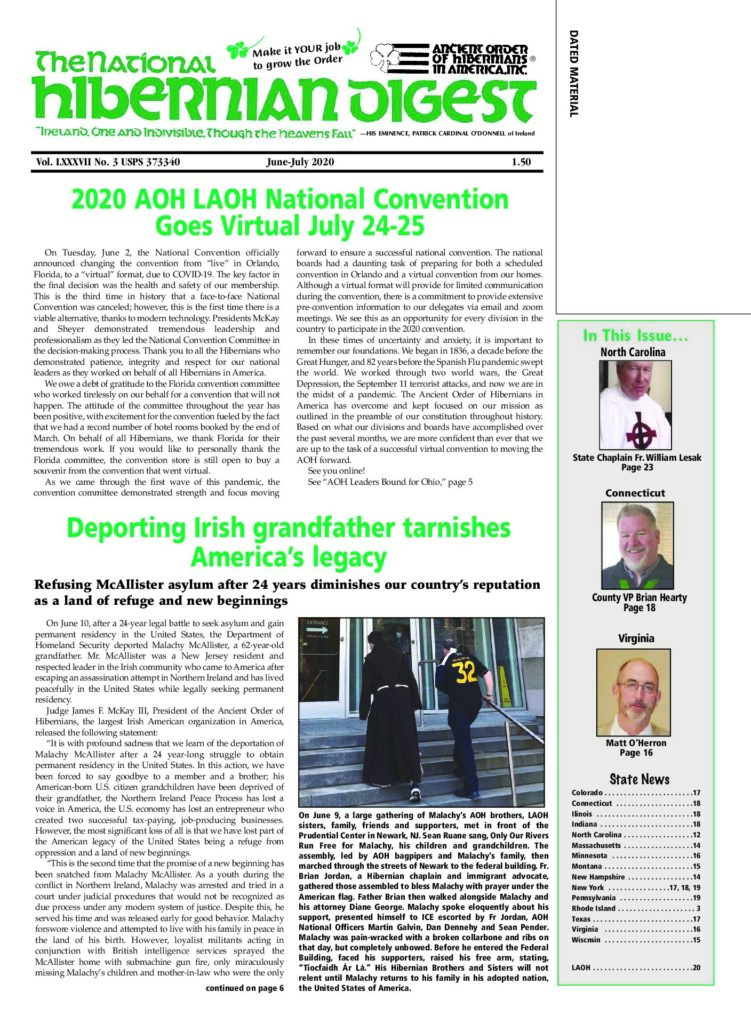 First page of National Hibernian Digest — June-July 2020