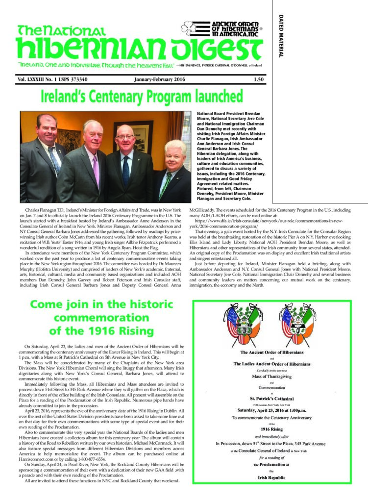 First page of National Hibernian Digest — Jan-Feb 2016