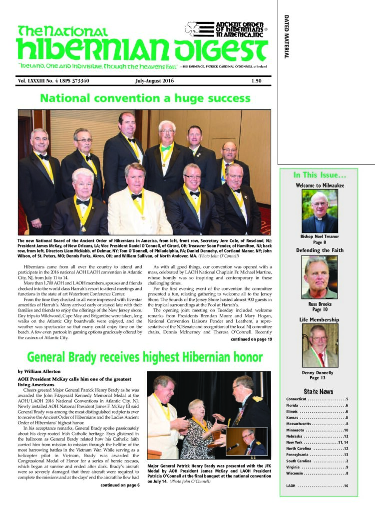 First page of National Hibernian Digest — July-Aug 2016