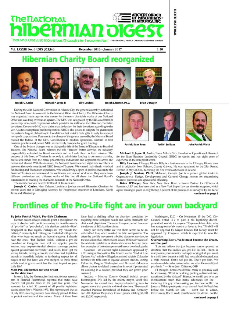 First page of National Hibernian Digest — Dec 2016-Jan 2017 2016