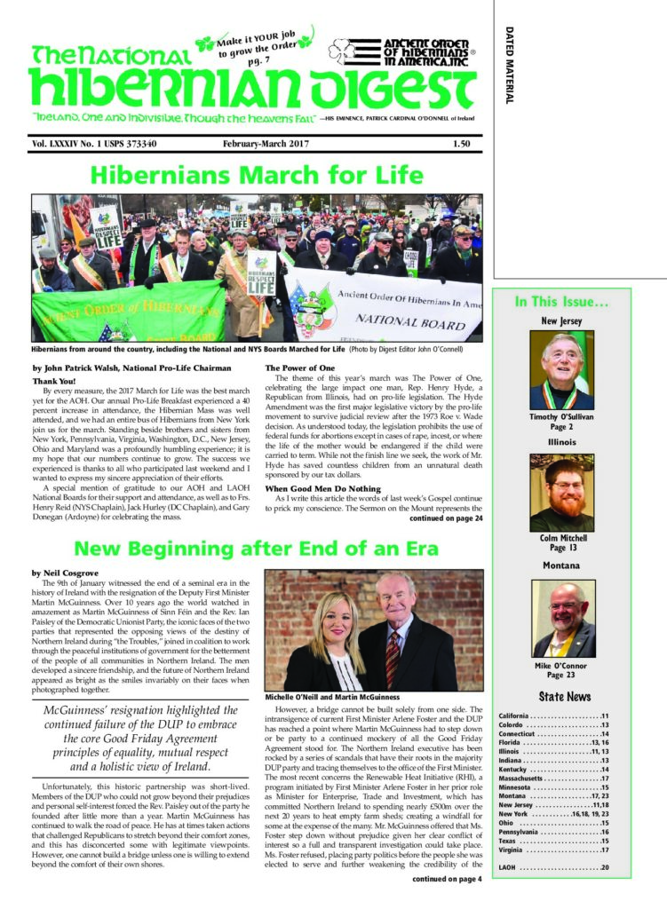 First page of National Hibernian Digest — Feb-Mar 2017