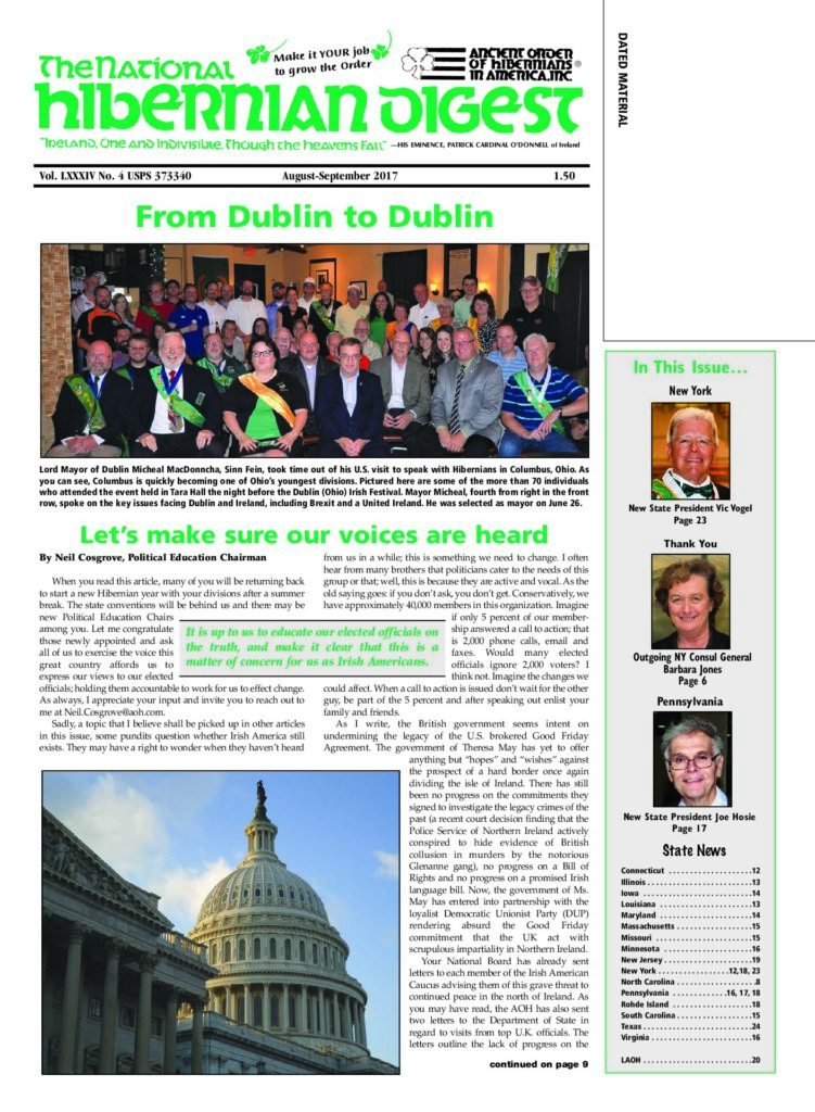 First page of National Hibernian Digest — Aug-Sep 2017