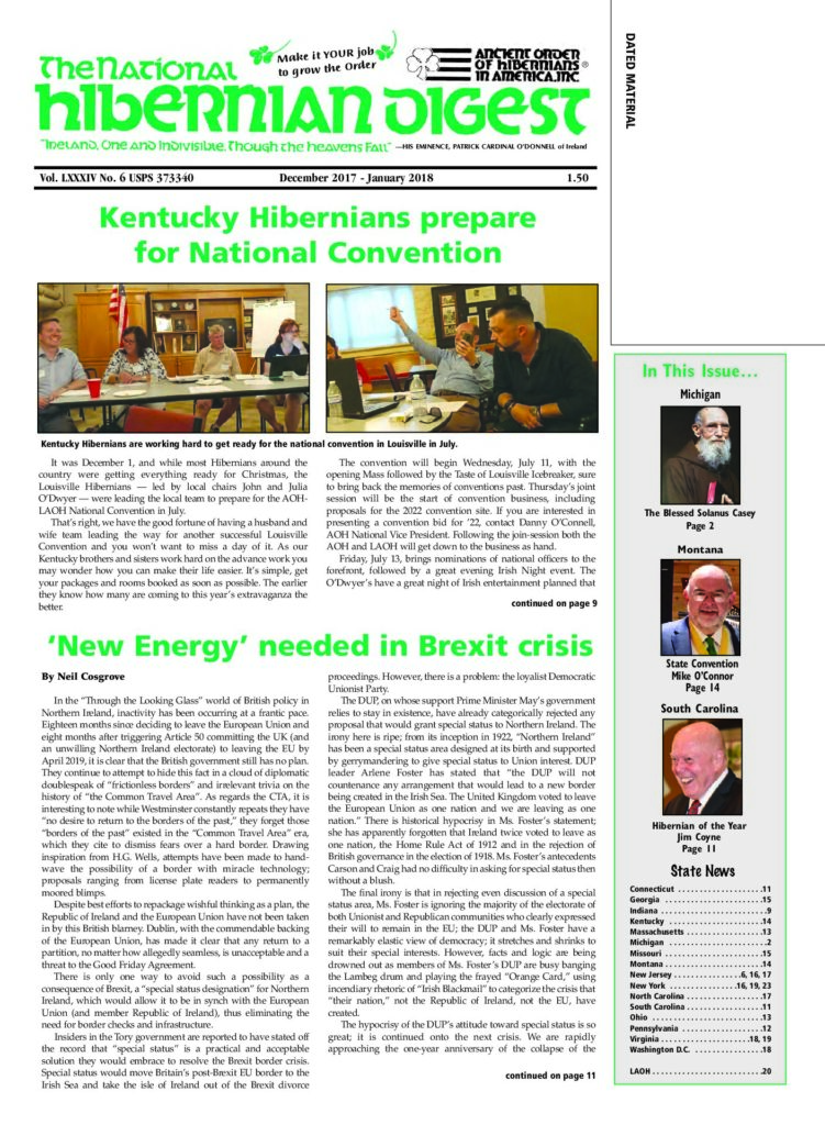 First page of National Hibernian Digest — Dec 2017-Jan 2018 2017