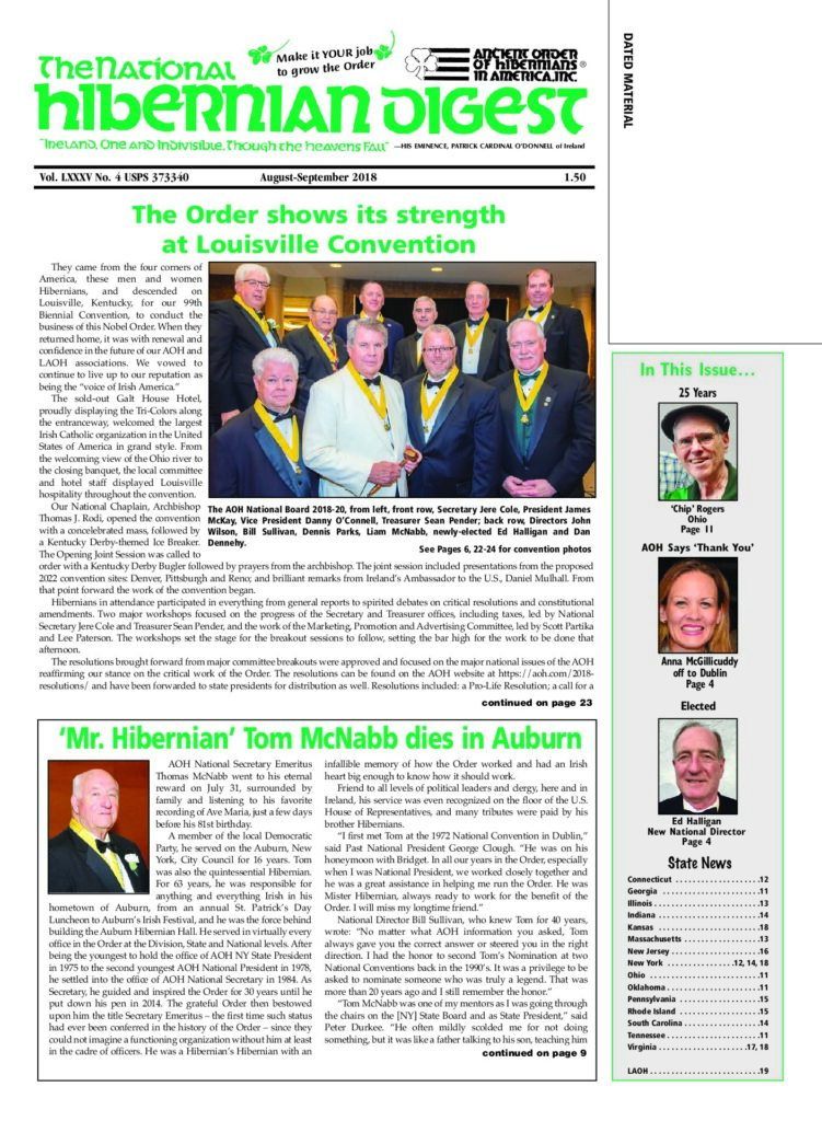 First page of National Hibernian Digest — Aug-Sep 2018