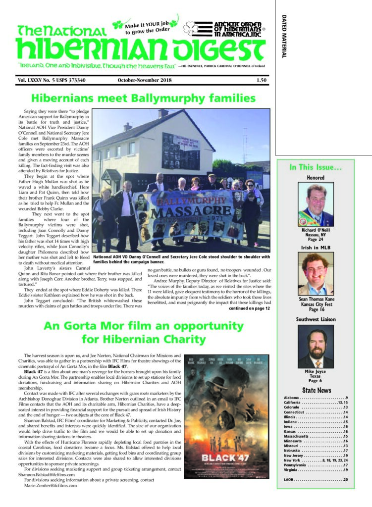 First page of National Hibernian Digest — Oct-Nov 2018