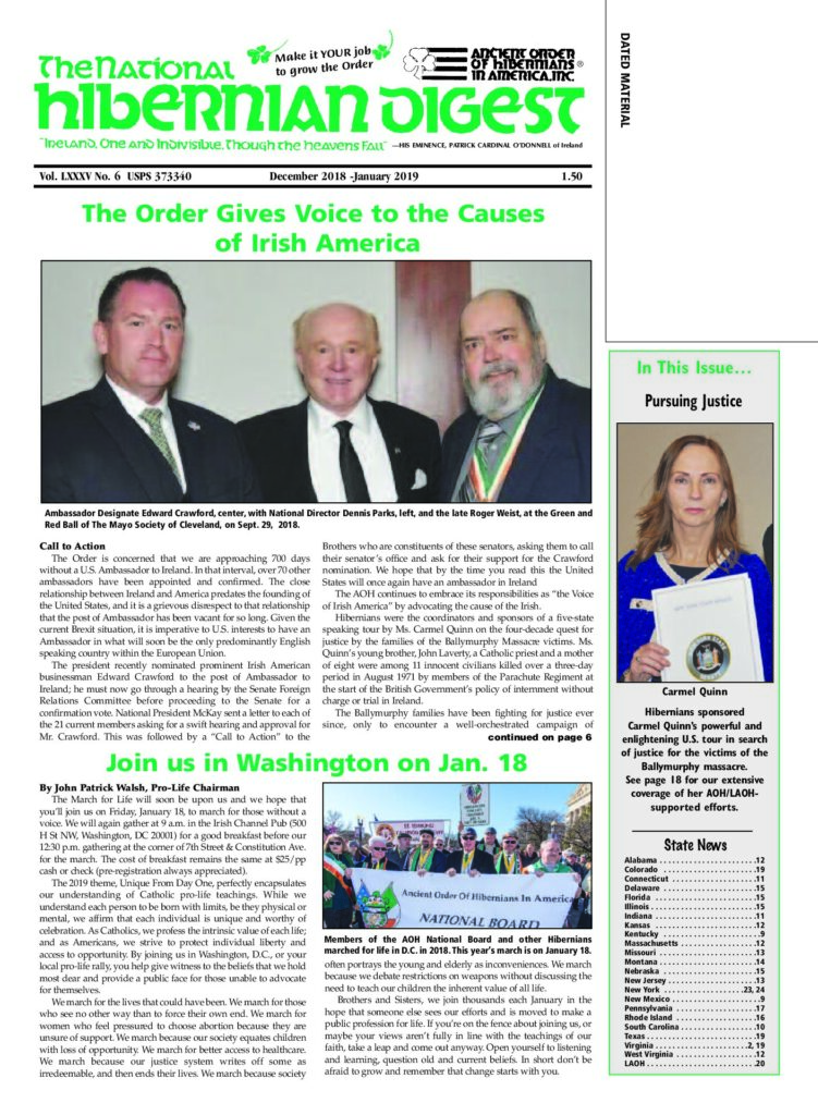 First page of National Hibernian Digest — Dec 2018-Jan 2019 2018
