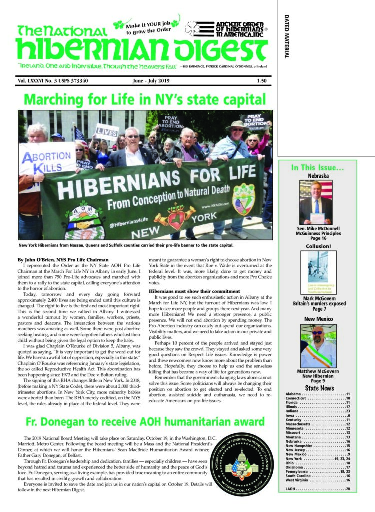 First page of National Hibernian Digest — June-July 2019