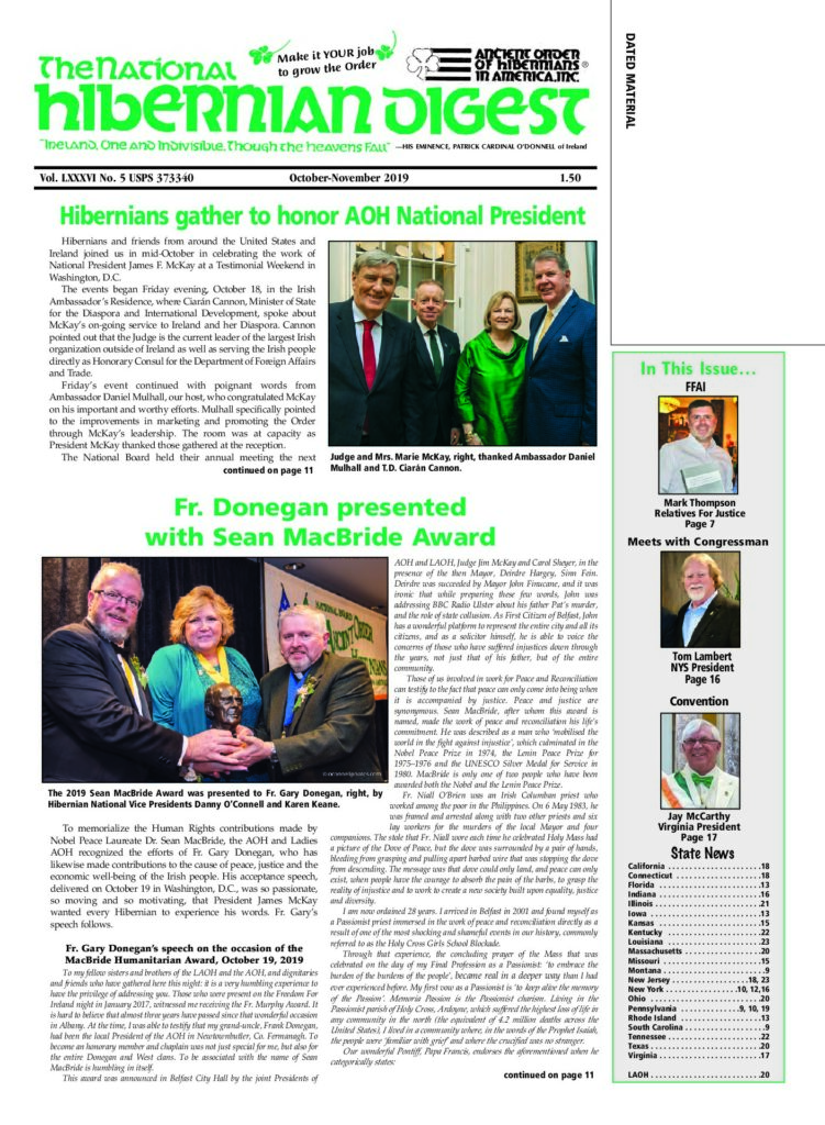First page of National Hibernian Digest — Oct-Nov 2019