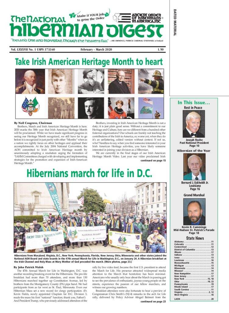 First page of National Hibernian Digest — Feb-Mar 2020