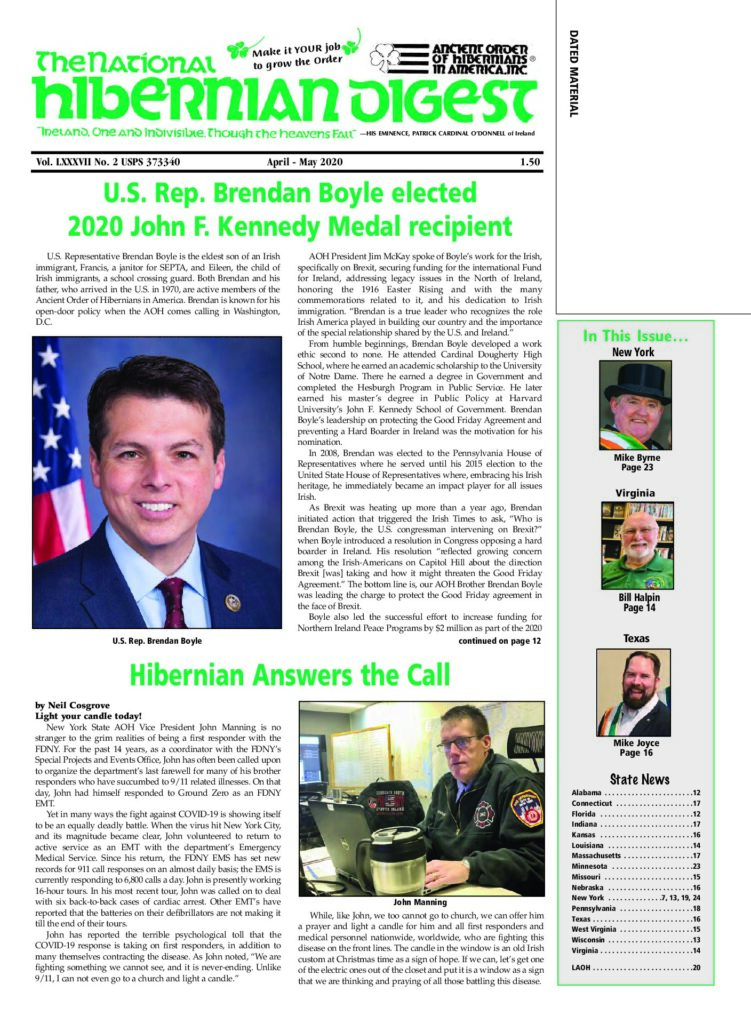 First page of National Hibernian Digest — Apr-May 2020