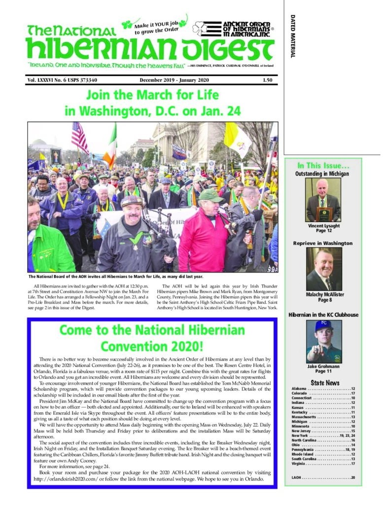 First page of National Hibernian Digest — Dec 2019-Jan 2020 2019